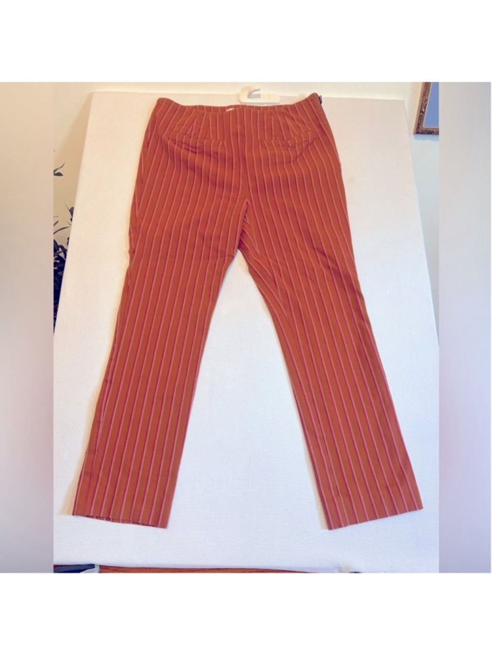 PILCRO Striped pumpkin orange pants with pink and white stripes. Essential slim